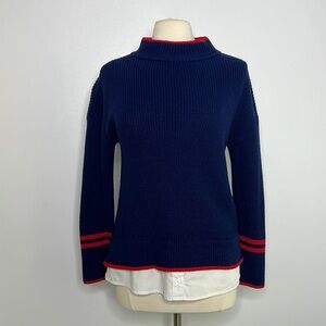 Talbot’s navy blue red & white shirt tail overlay striped knit sweater